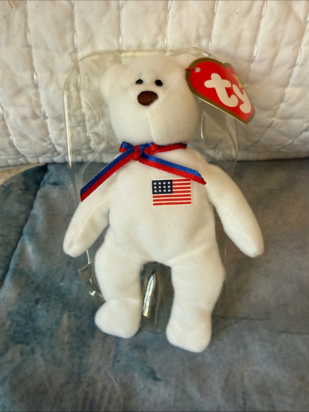 Ty Libearty White Bear with Red & Blue Ribbon and American Flag Patch